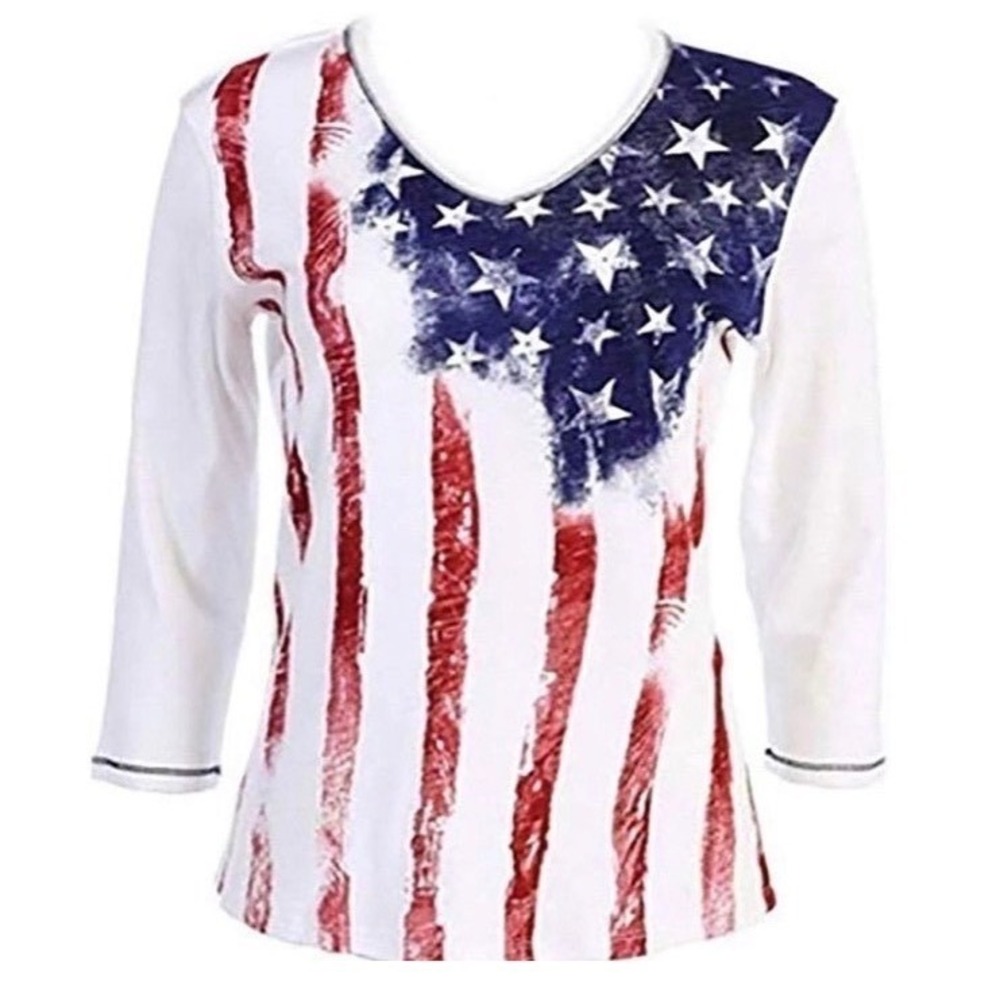 NEW Jess & Jane USA Flag Top XL White "Old Glory" 3/4 Sleeve V-Neck Cotton
